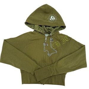 Y2K Glam Grunge McBling Chick by Nicky Hilton Cropped  Hoodie Chain Skull Oliv S